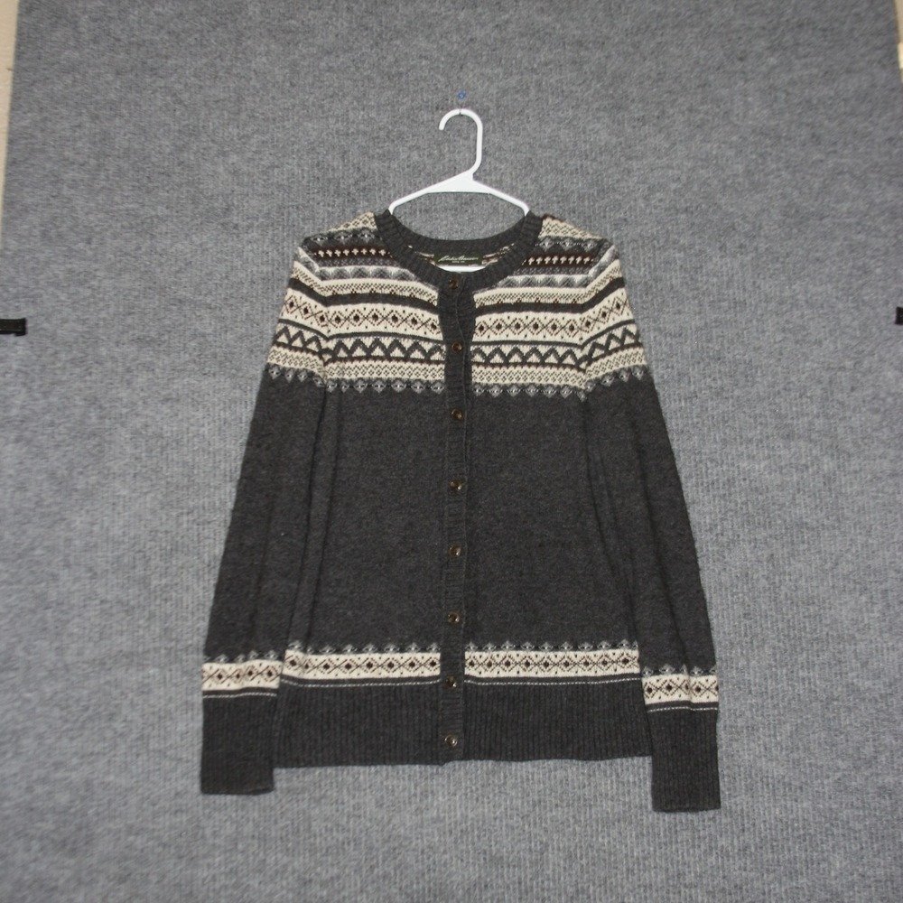 Eddie Bauer Fair Isle‎ Cardigan Women S Gray Nordic Button Front Knit Sweater
